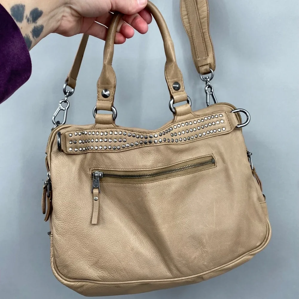ASH Tan Leather Studded Satchel Crossbody Bag Multi Pocket Gunmetal‎ Hardware